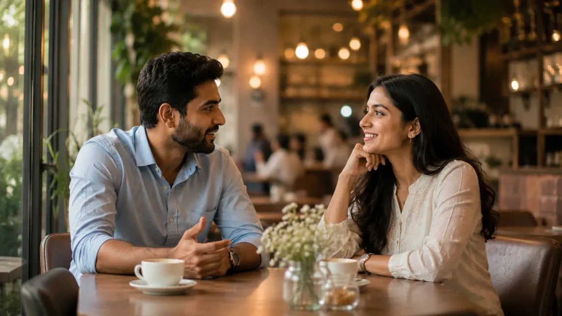 A young Indian man and woman having their first arranged marriage meeting in a café, discussing career goals, family values, future plans, and marriage compatibility.
