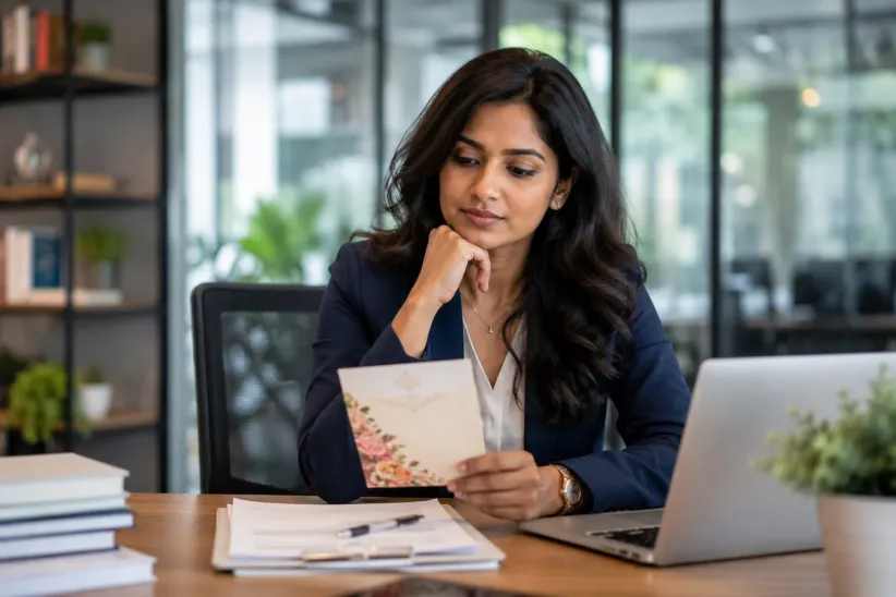 Indian professional woman in a modern office looking at a wedding invitation, representing career ambitions, higher education, financial independence, and marriage after 30.