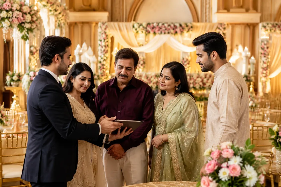 Indian family selecting the perfect wedding venue during wedding planning.