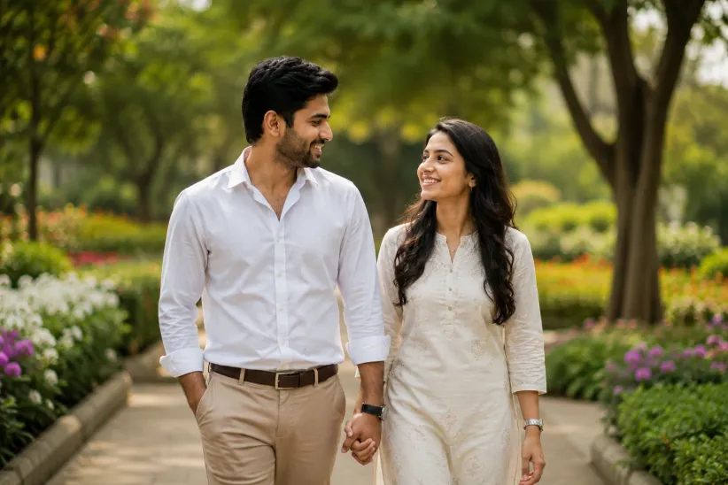 Indian couple walking hand in hand in a garden, representing choosing a life partner based on trust in relationships, shared values, emotional maturity, and a healthy long-term relationship.