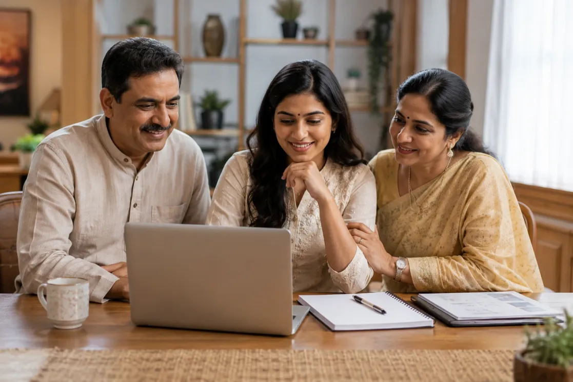 Indian woman reviewing a matrimonial profile with her parents at home, discussing compatibility, family values, trust, and marriage preparation before choosing a life partner.