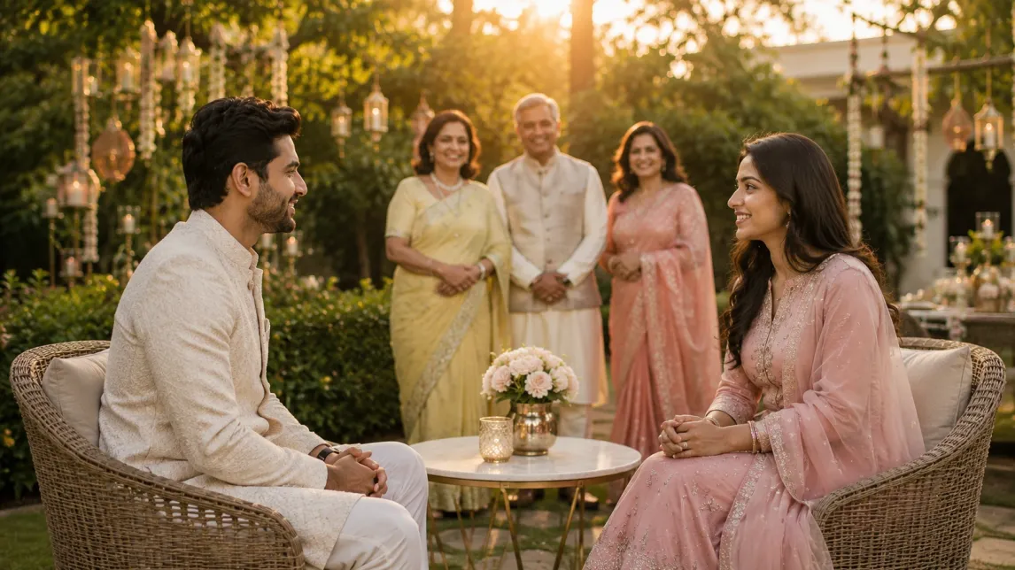 Indian bride and groom meeting for the first time in a garden with their families, representing arranged marriage, trust, compatibility, and traditional family values.