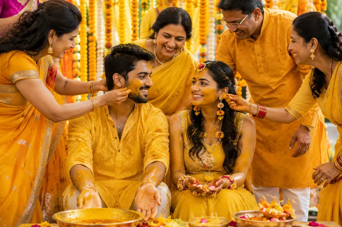 Bride and groom celebrating the Haldi ceremony before a traditional Hindu marriage.