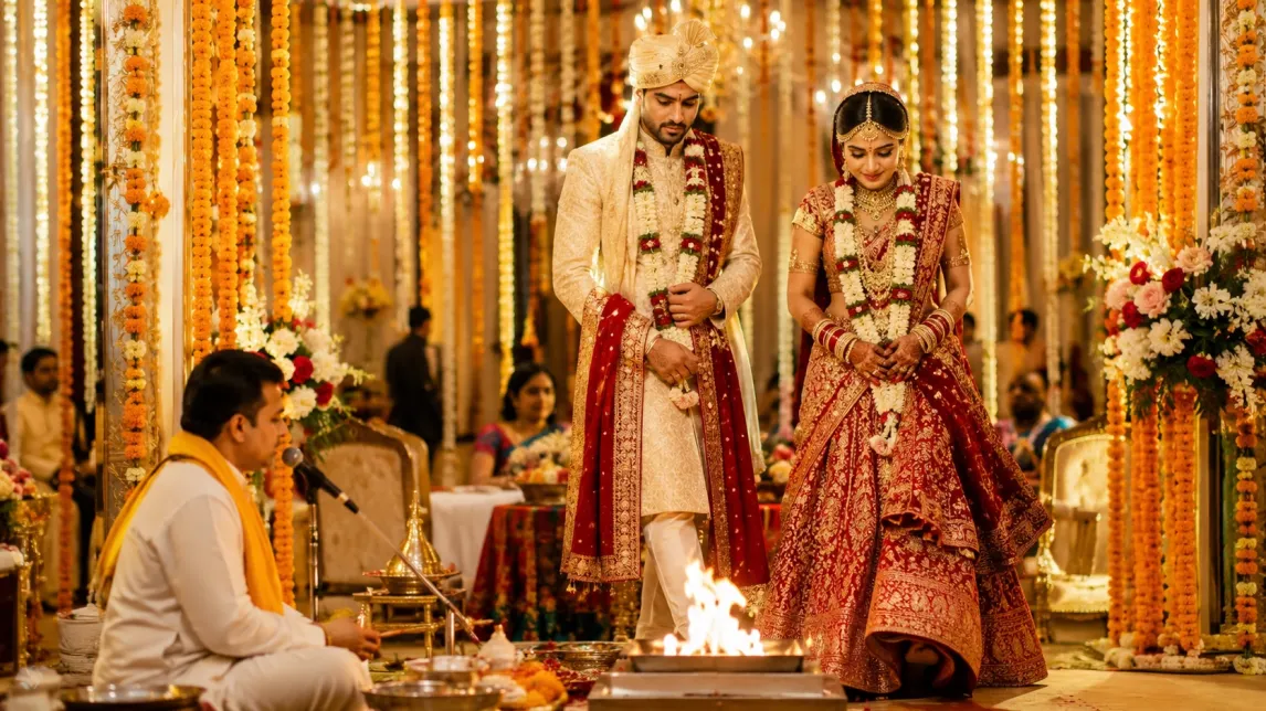 Traditional Hindu marriage ceremony with bride and groom performing sacred wedding rituals around the holy fire.