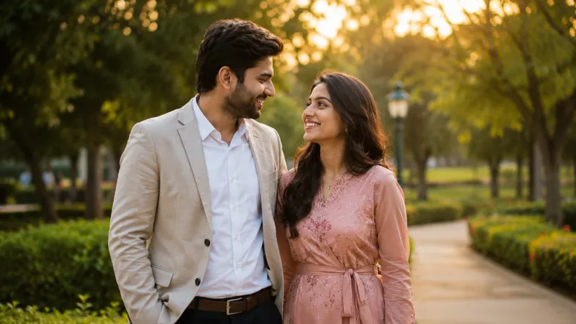 A happy Indian couple standing together in a park, representing how to find a genuine life partner through trust, relationship compatibility, emotional maturity, and a healthy relationship.