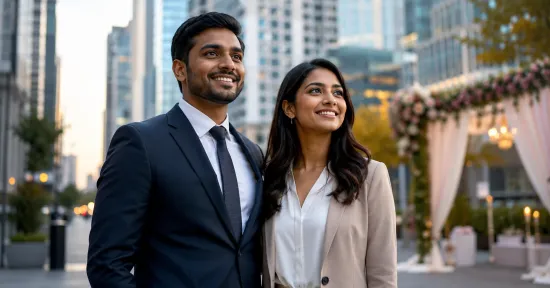 Modern Indian couples in their 30s standing in a city environment, representing late marriage in India, career growth, financial stability, and modern relationship goals.