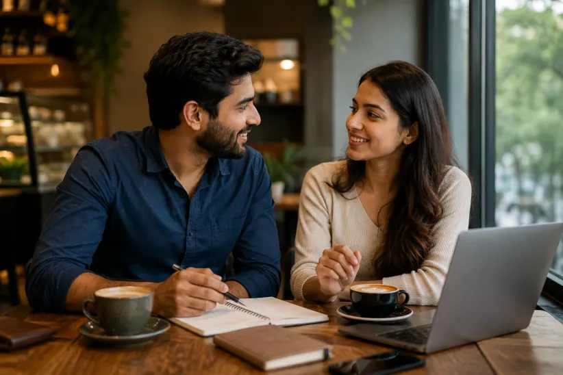 Indian couple discussing future goals in a café with a laptop and notebook, representing life partner compatibility, trust in relationships, emotional maturity, partner expectations, and relationship building before marriage.