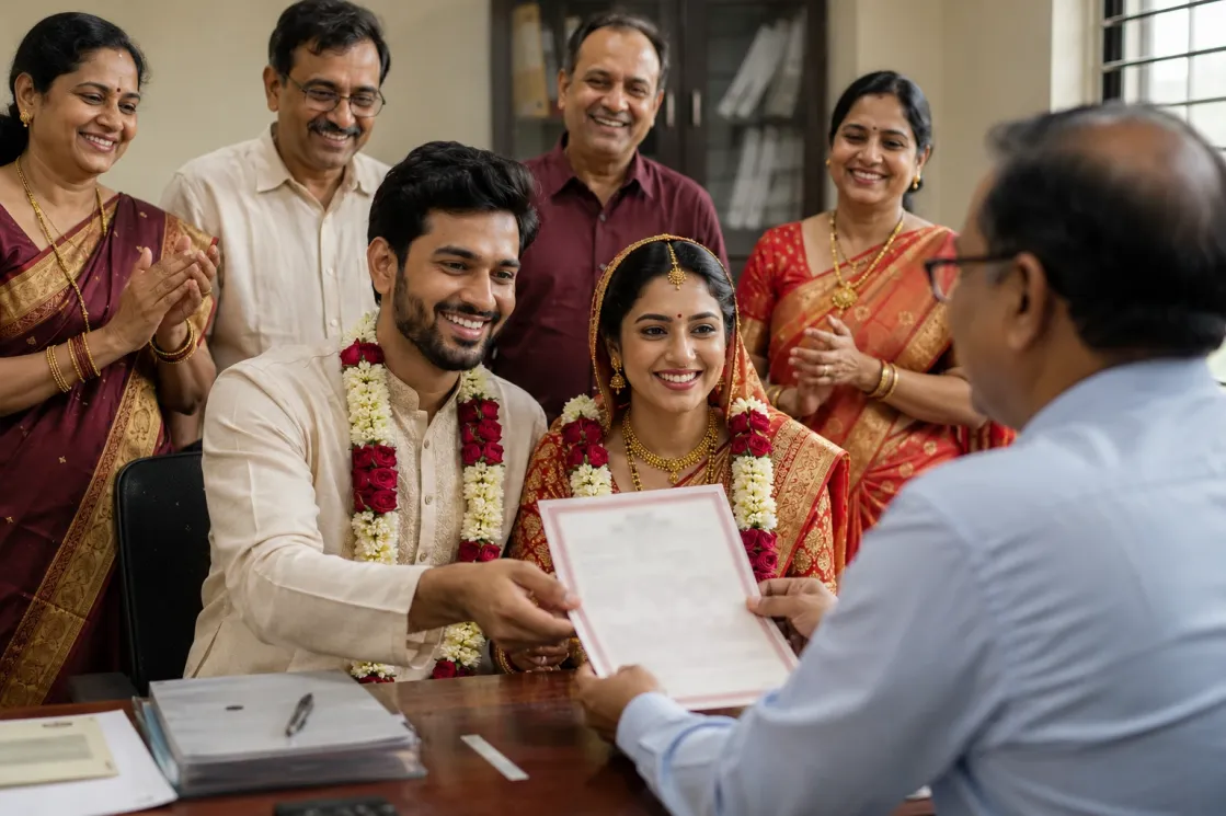 Indian couple receiving their official marriage registration certificate in India.
