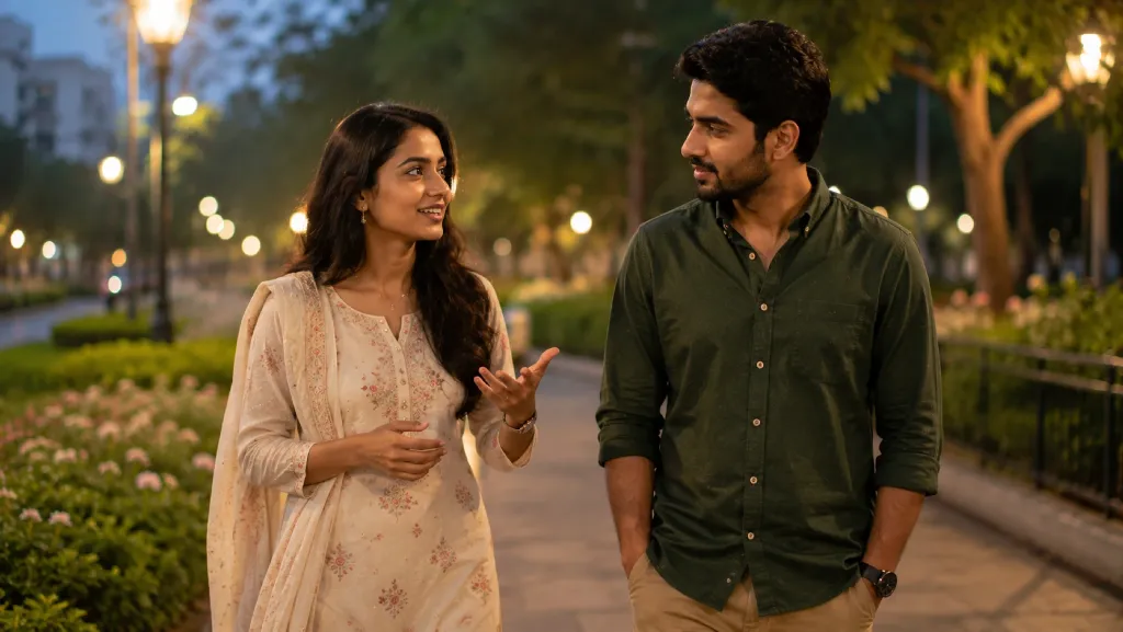 Indian couple discussing marriage compatibility before their wedding.