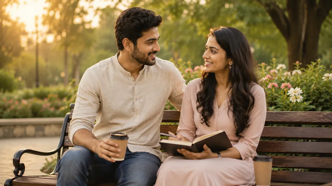 Indian engaged couple discussing marriage compatibility before marriage