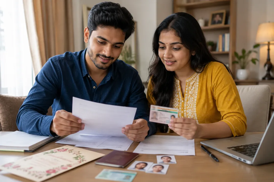 Indian couple preparing required documents for marriage registration in India