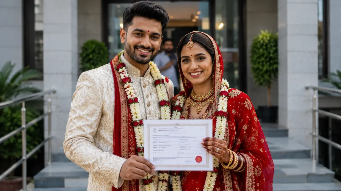 Indian couple holding their marriage registration certificate after completing the marriage registration process in India.