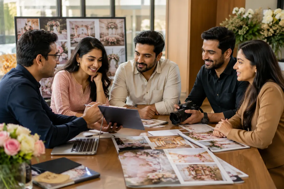 Indian couple meeting wedding vendors to plan their dream wedding.