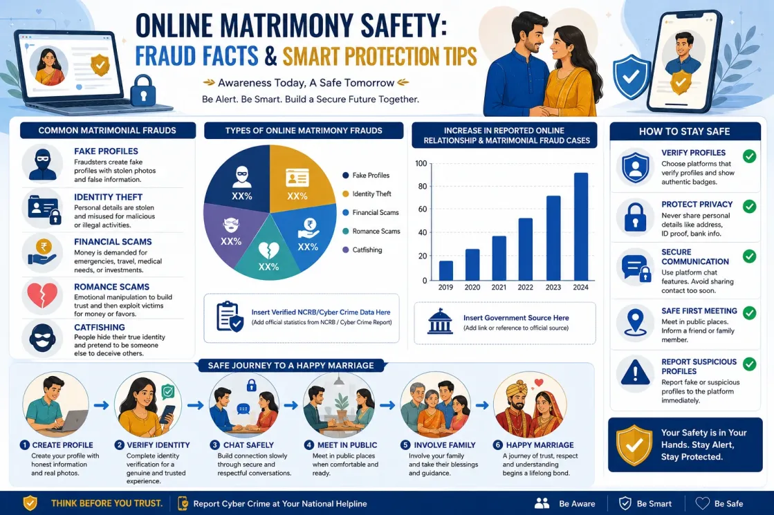 Infographic showing online matrimony safety tips, common matrimonial frauds, profile verification steps, and online safety best practices