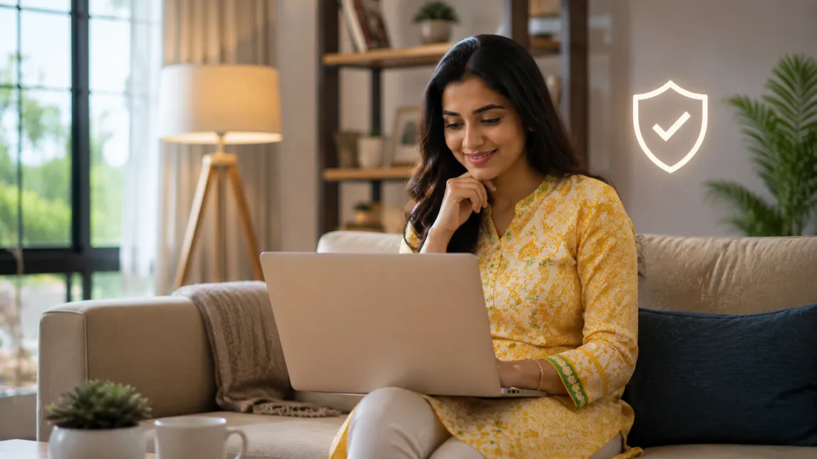 Indian woman using a trusted online matrimonial platform safely to find genuine matches