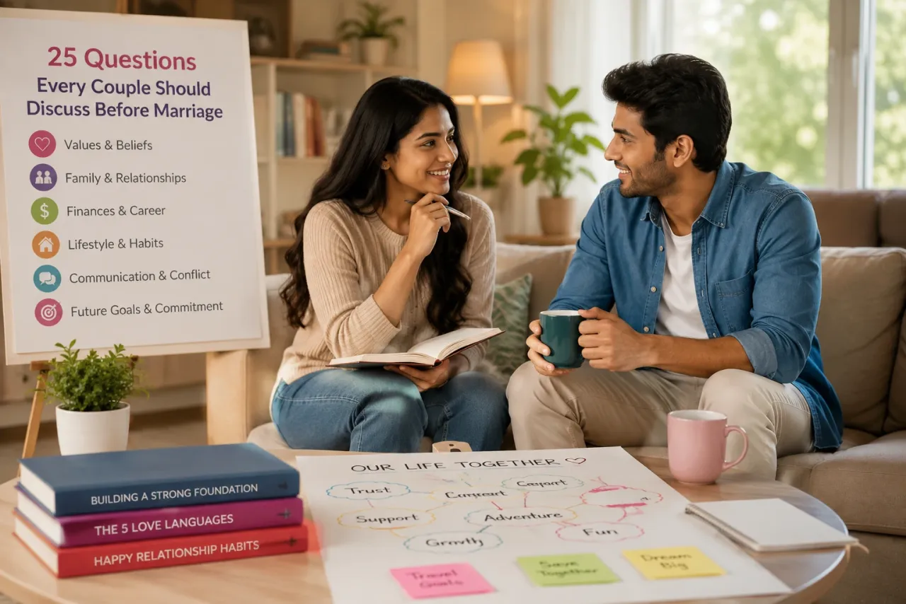 Indian couple discussing important questions before marriage.