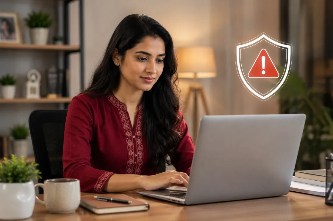 Indian woman reporting a suspicious matrimonial profile to promote safe online matchmaking