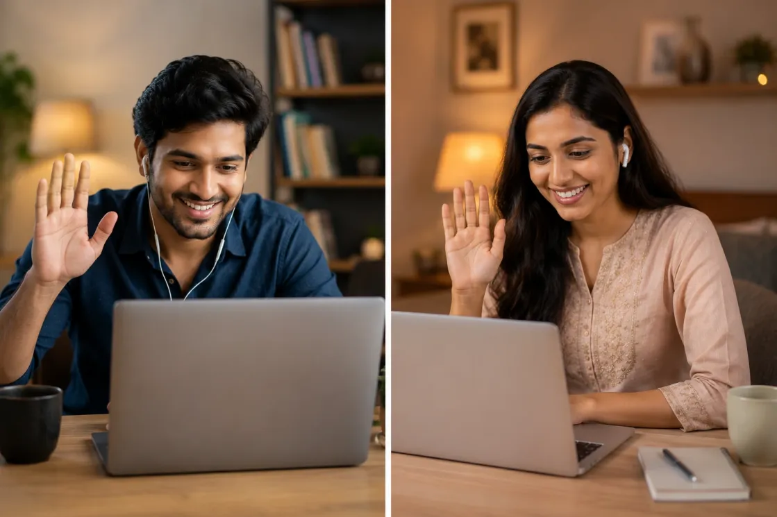 Indian couple having a secure video call through an online matrimonial platform before meeting