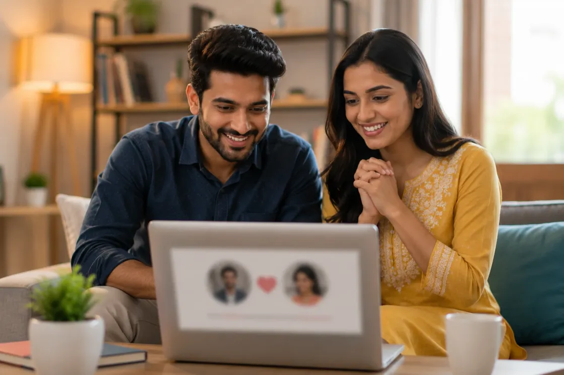 Happy Indian couple finding a compatible match through a well-written matrimonial profile