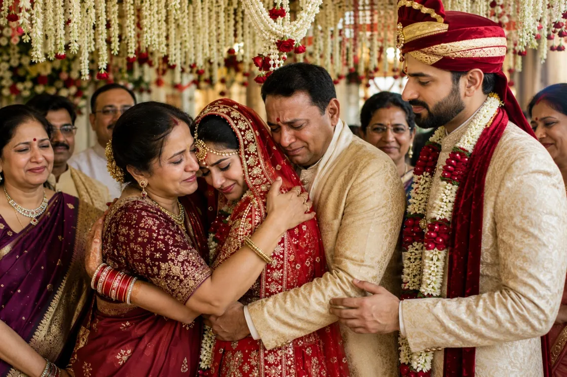 Bride saying farewell to her family during the traditional Vidaai ceremony in a Hindu marriage.