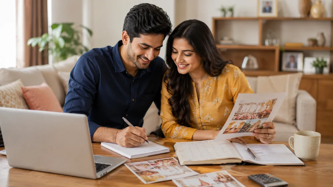 Indian couples planning their dream wedding on a budget with a wedding checklist.