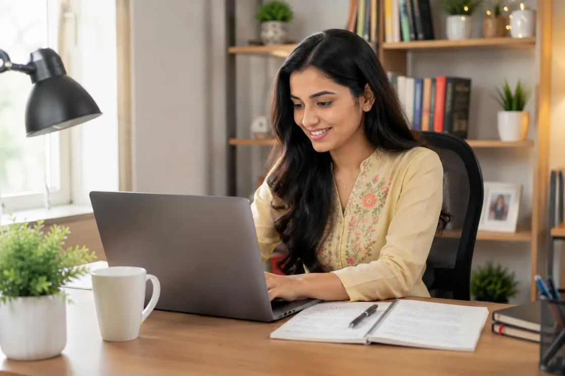 Indian woman writing an honest matrimonial profile description on her laptop